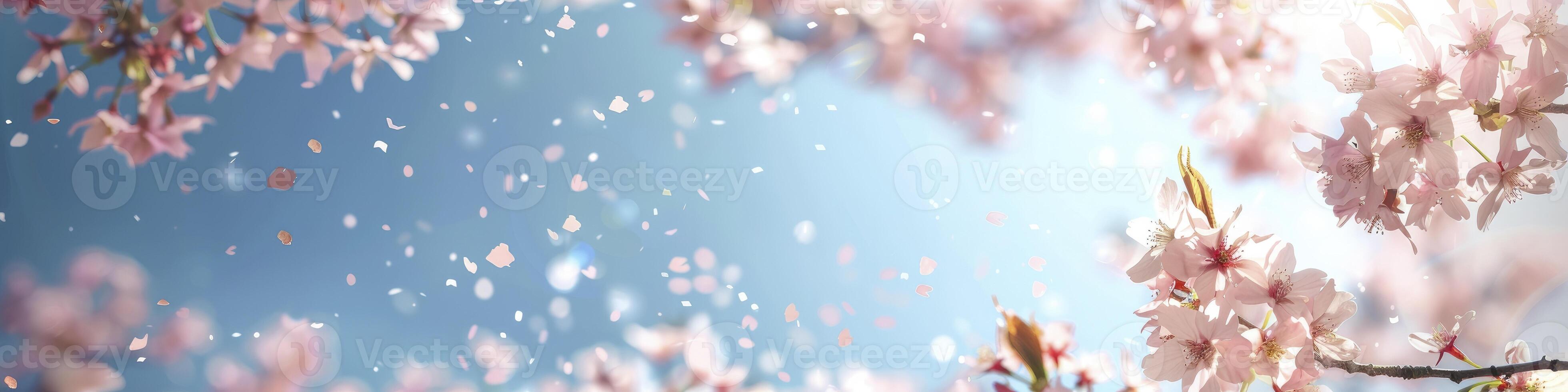 Cereza flores con azul cielo fondo, bandera con vacío Copiar espacio. foto