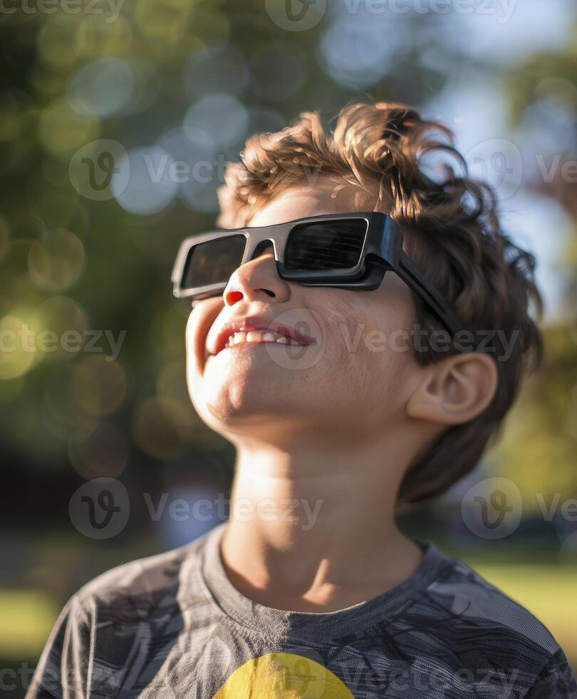 A young boy wearing protective glasses is watching the solar eclipse. photo