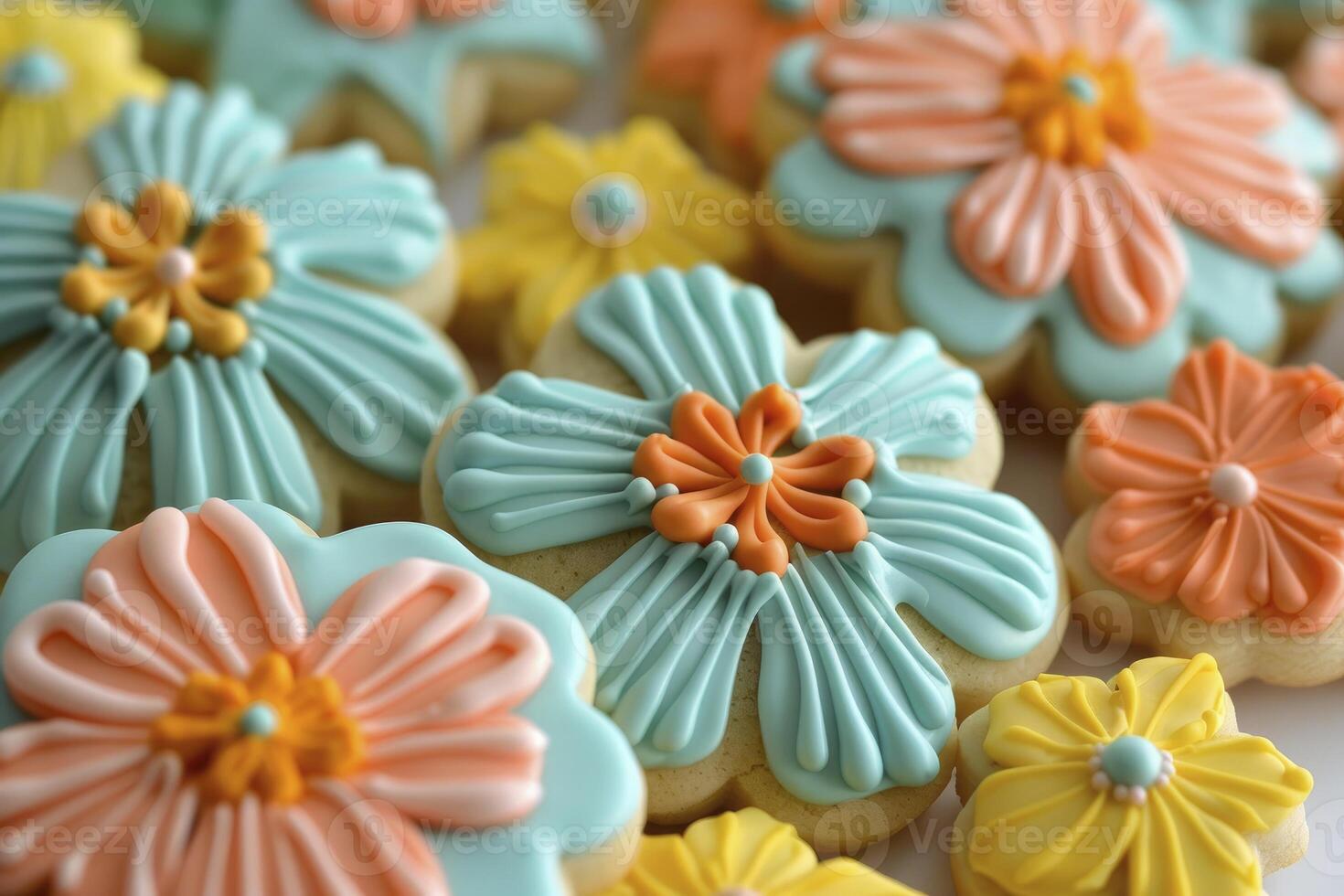 Flower cookies of turquoise yellow and orange colors photo