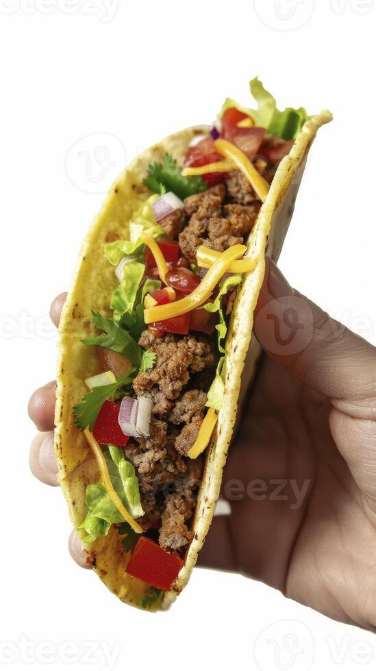 A hand holding a taco isolated on white background photo