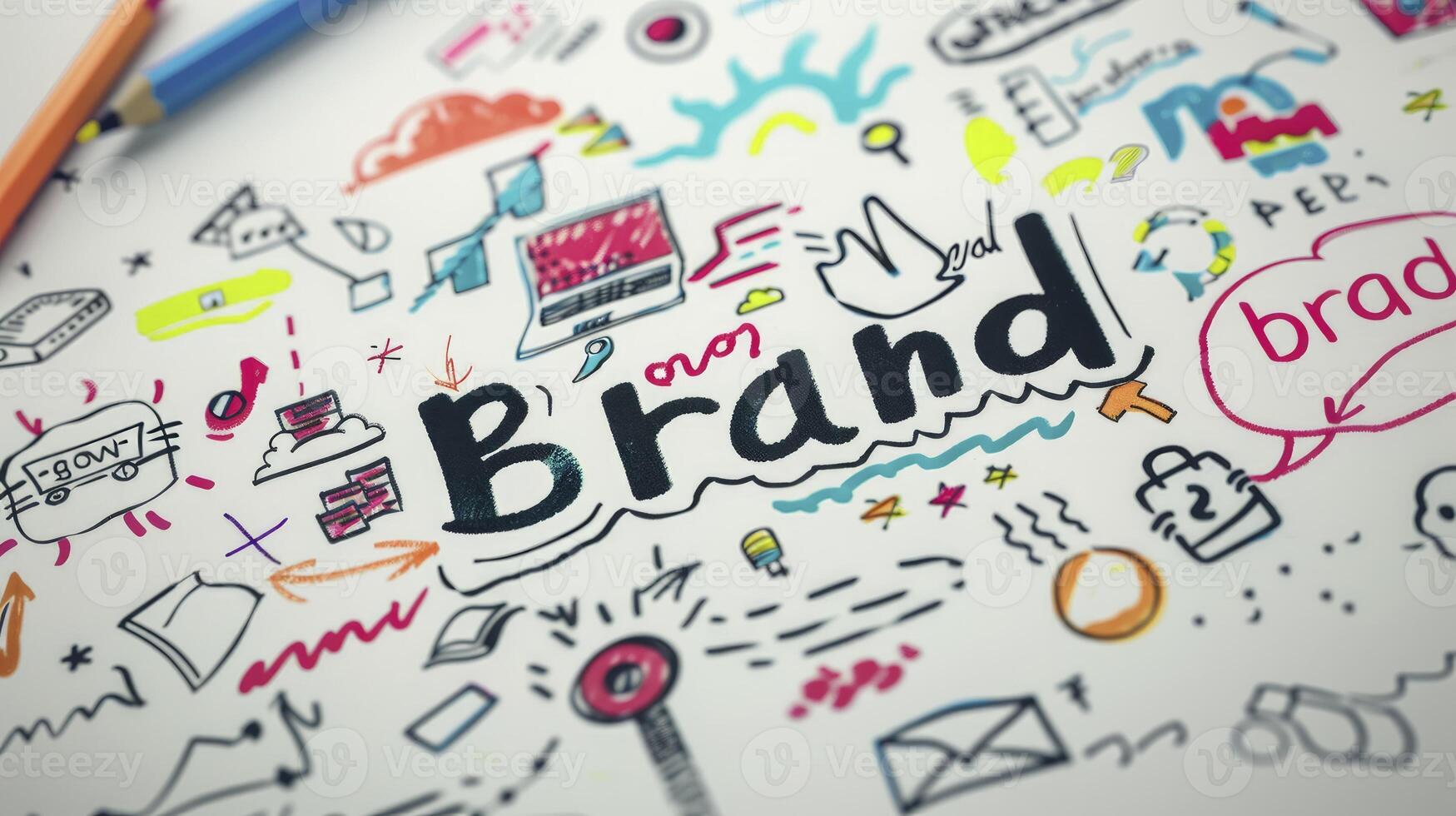 drawing brand concept with word map on whiteboard, a business plan or strategy marketing technology innovation ideas elements in background with text and icons for design. photo