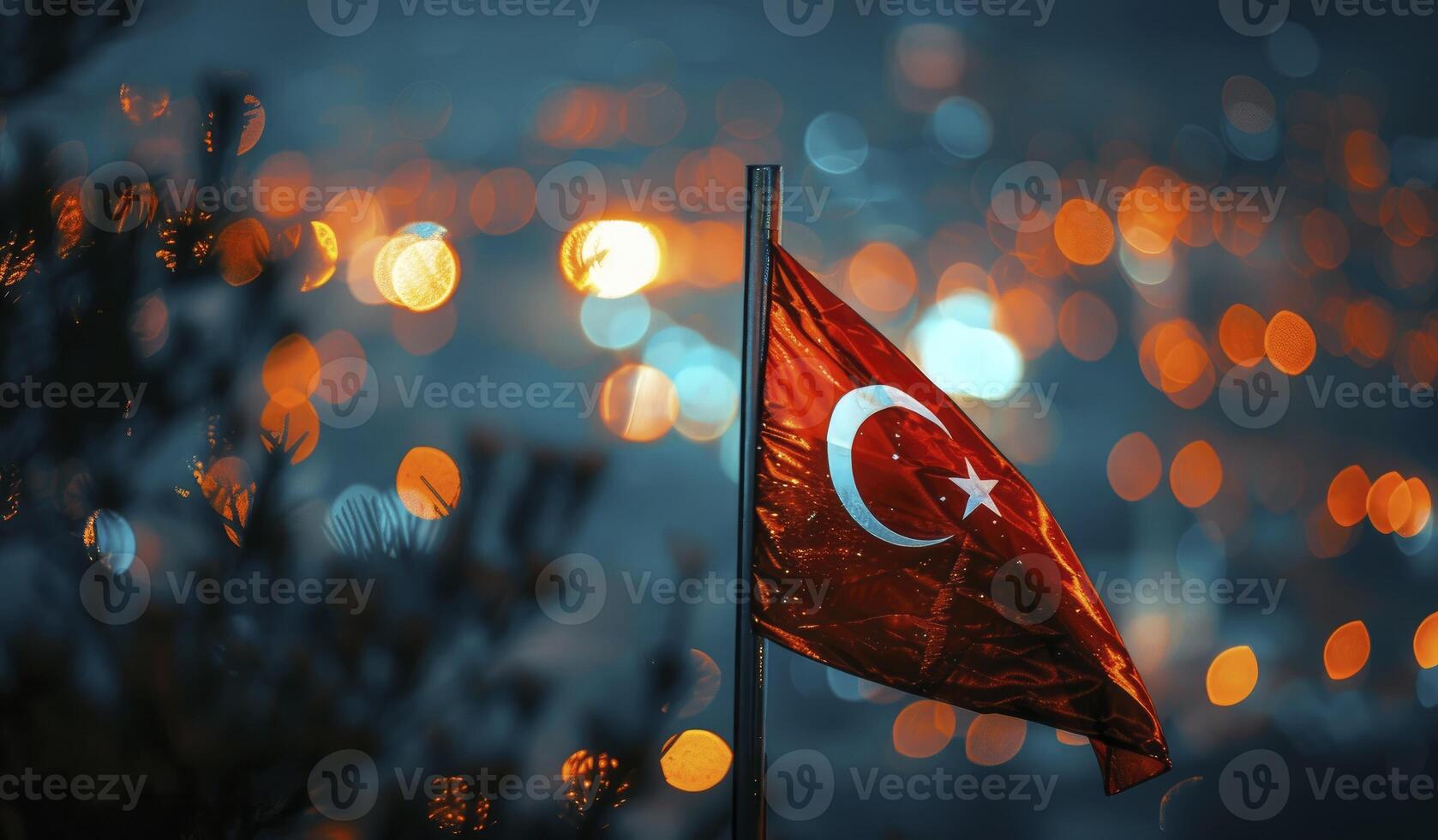 The turkey flag in city lights bokeh background. photo