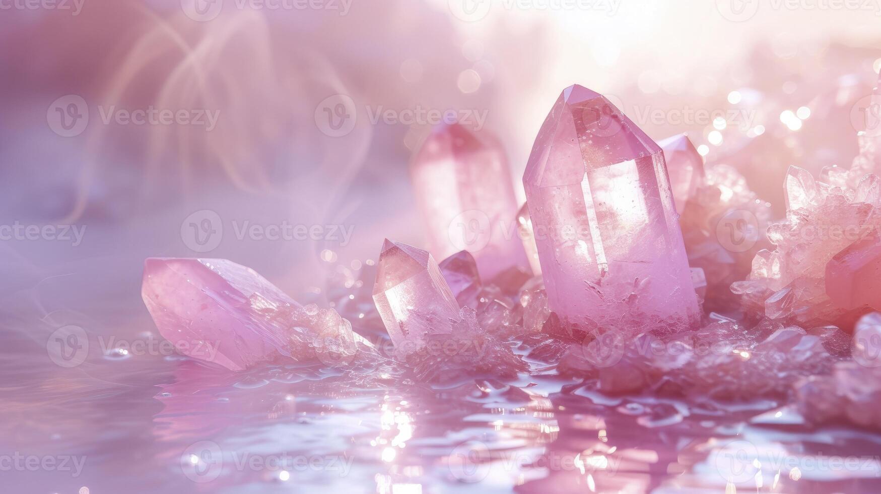 Transparent Pink Crystal Stones Gracefully Floating in a Pool of Water, Embraced by a Soft and Elegant Light Pink Ambiance. photo