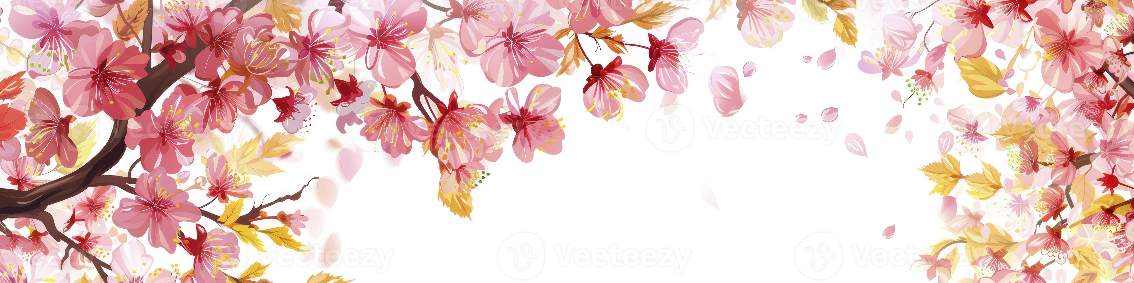 Beautiful cherry blossom tree branch with pink flowers and yellow leaves on a white background photo