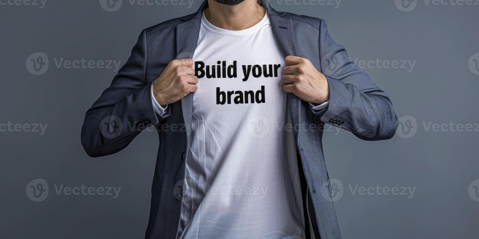 empresario apertura su camisa con el texto construir tu marca escrito en un blanco camiseta en contra un aislado antecedentes. foto