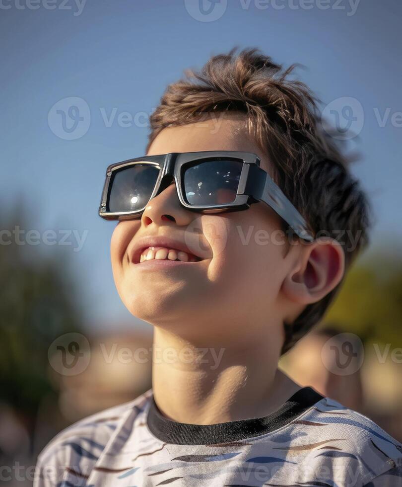 A young boy wearing protective glasses is watching the solar eclipse. photo