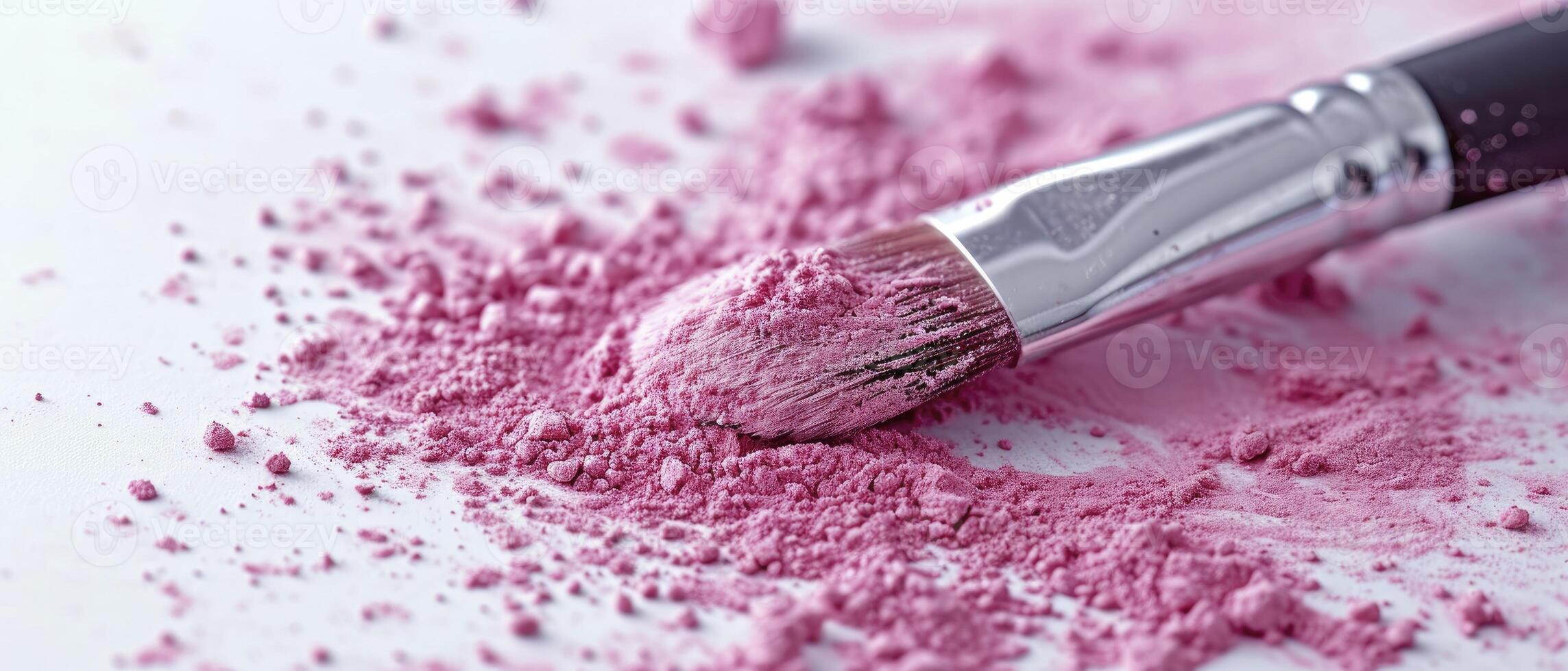 maquillaje producto anuncio publicitario. rosado polvo untado en blanco superficie con cepillar. foto