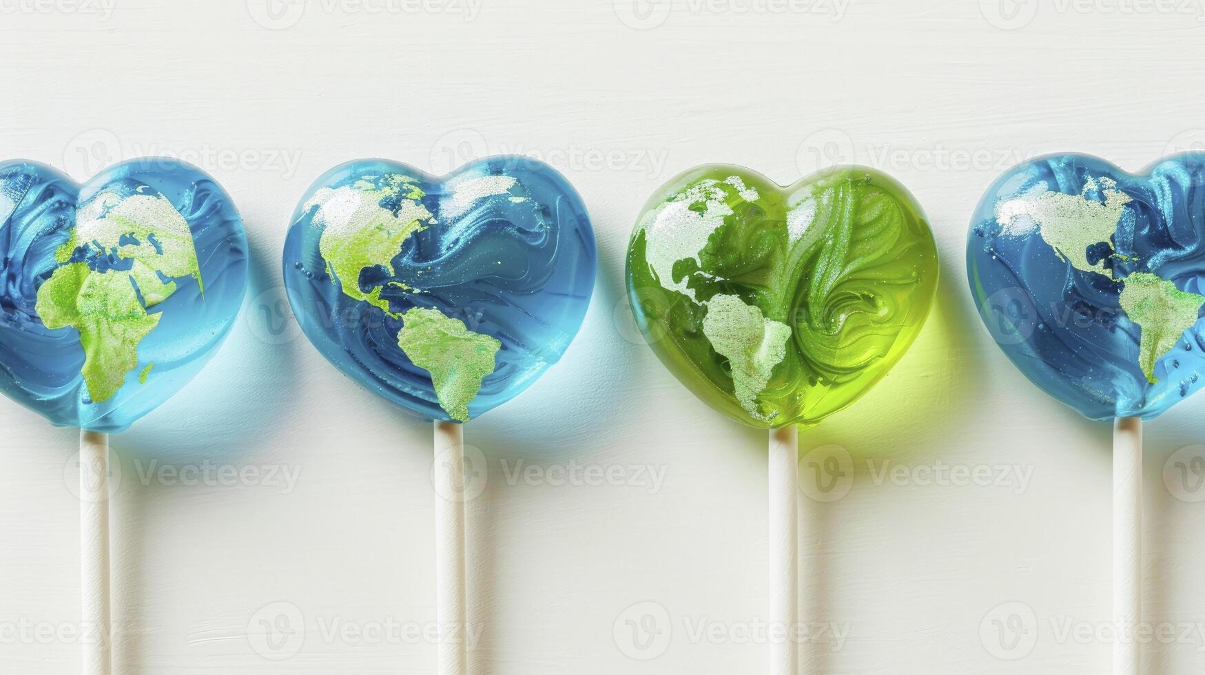 Earth Day heart-shaped lollipops against a white background photo