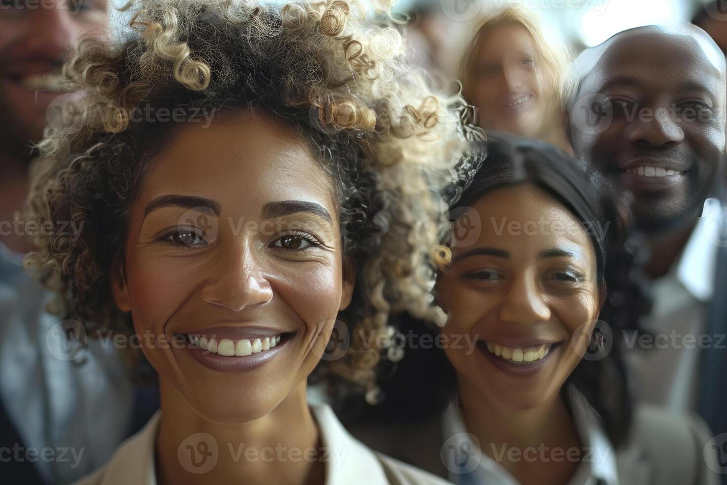 de cerca de diverso negocio profesionales, unido y sonriente, emitiendo un positivo y alegre aura foto