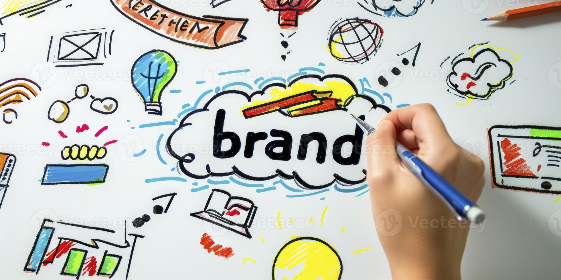 drawing brand concept with word map on whiteboard, a business plan or strategy marketing technology innovation ideas elements in background with text and icons for design. photo