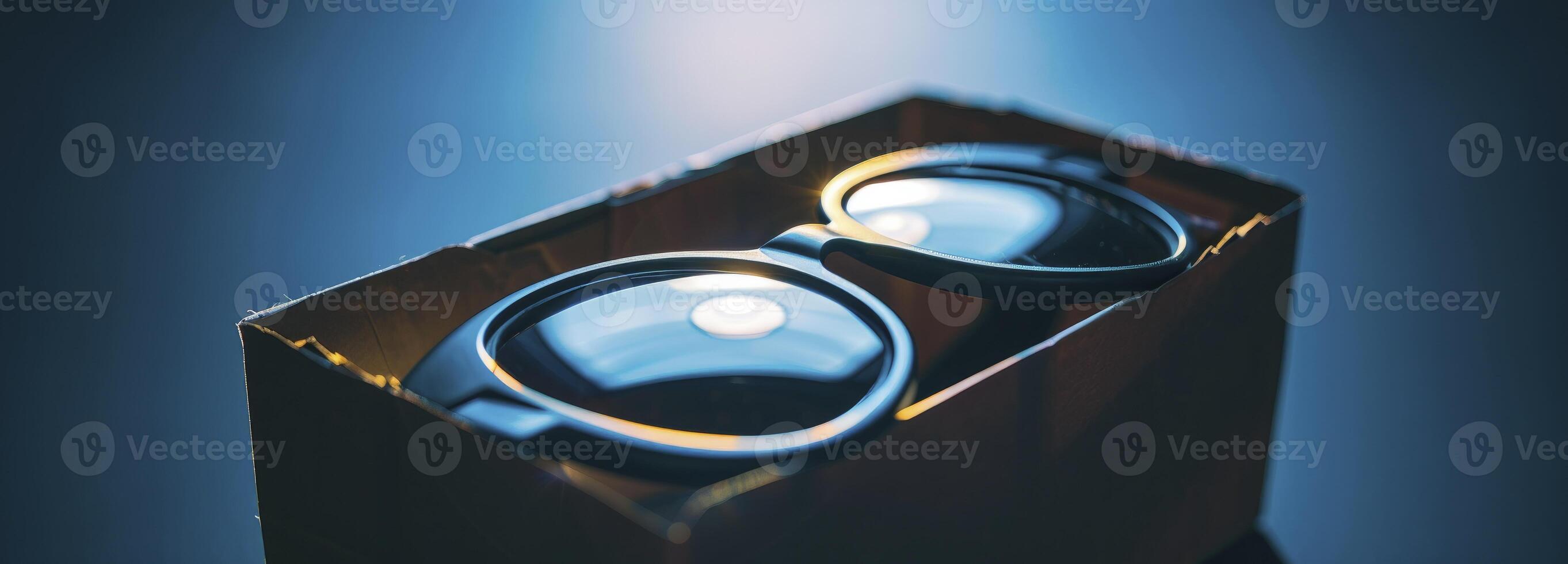 Solar eclipse glasses on a dark blue background photo