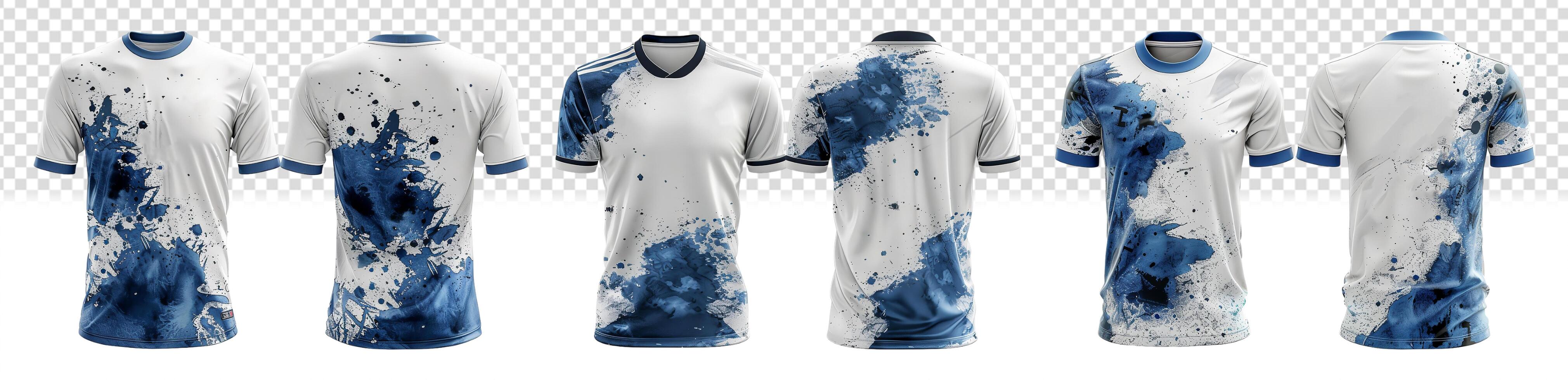 set of white sports t-shirts with blue splashes abstract pattern, front and back view, photo