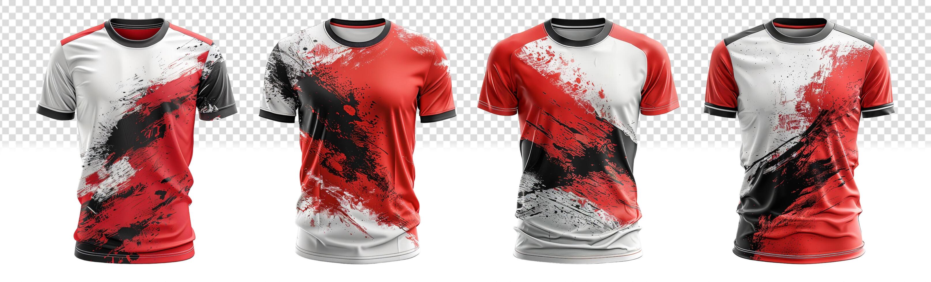 set of sports t-shirts with grunge abstract pattern front view, photo