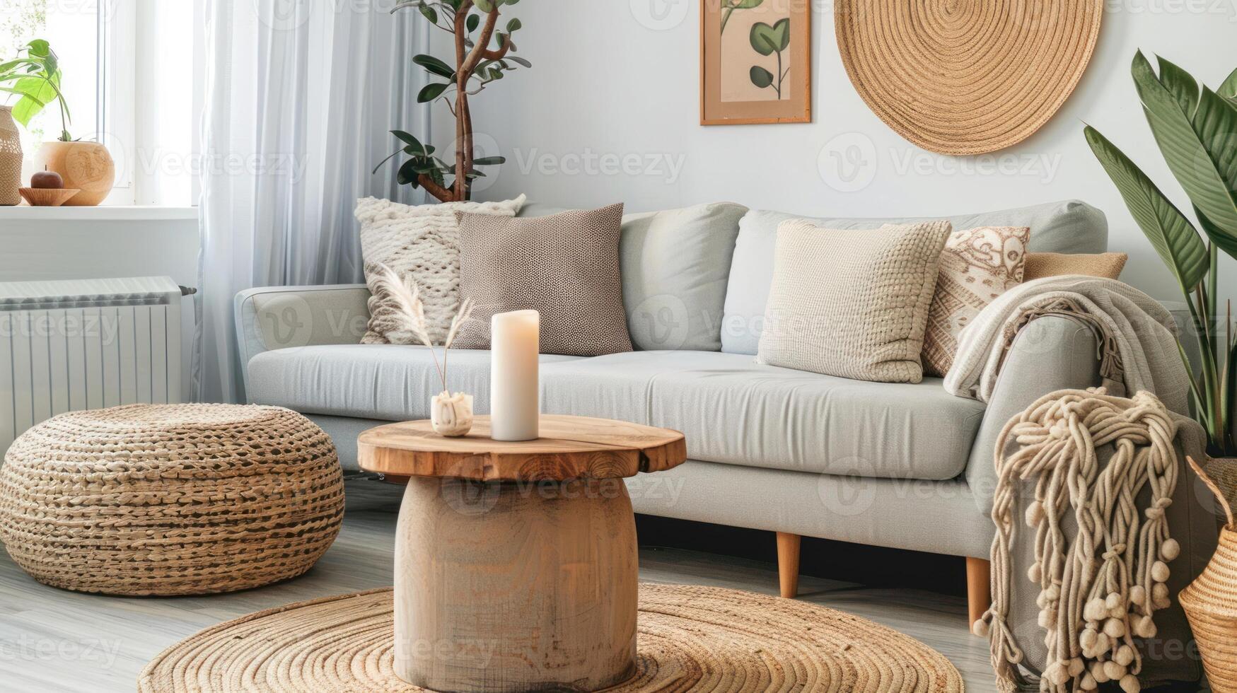 moderno vivo habitación con acogedor sofá, de madera mueble y práctico artesanía foto