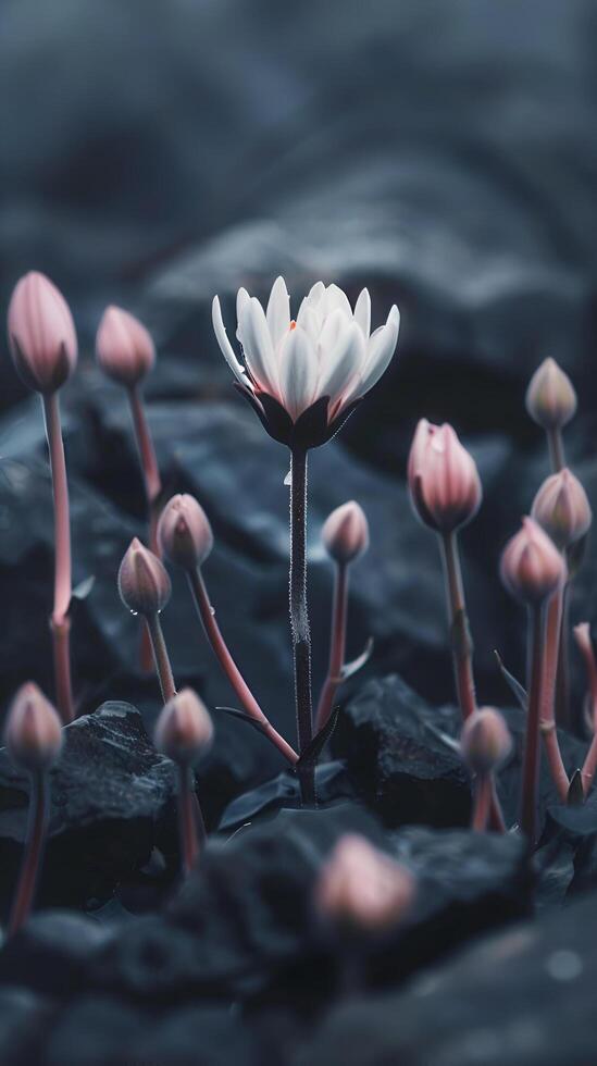 A single flower surrounded by many smaller buds reaching up for support, symbolizing the role of a therapist and support groups photo