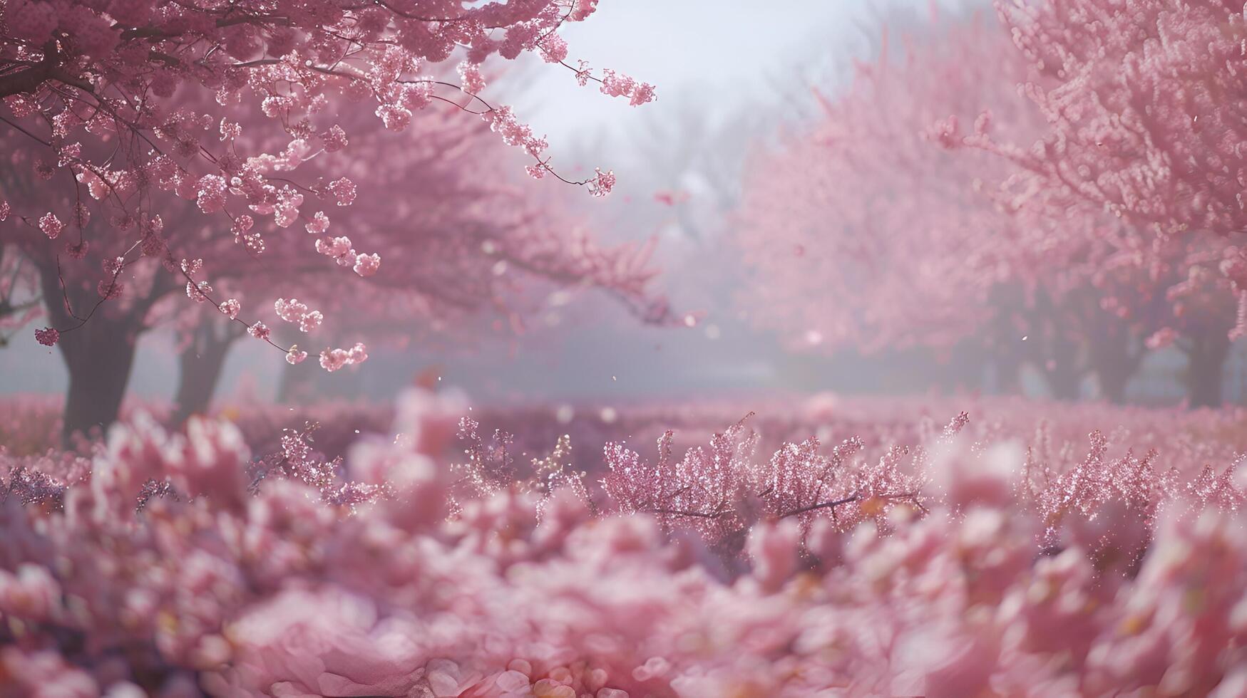 Field of cherry blossoms in full bloom, gentle breeze, wide shot, cinematic look photo