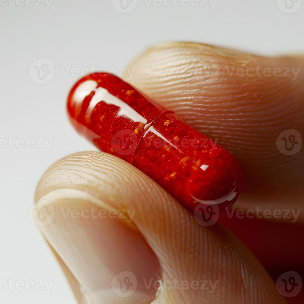 macro photo of finger holding red capsule