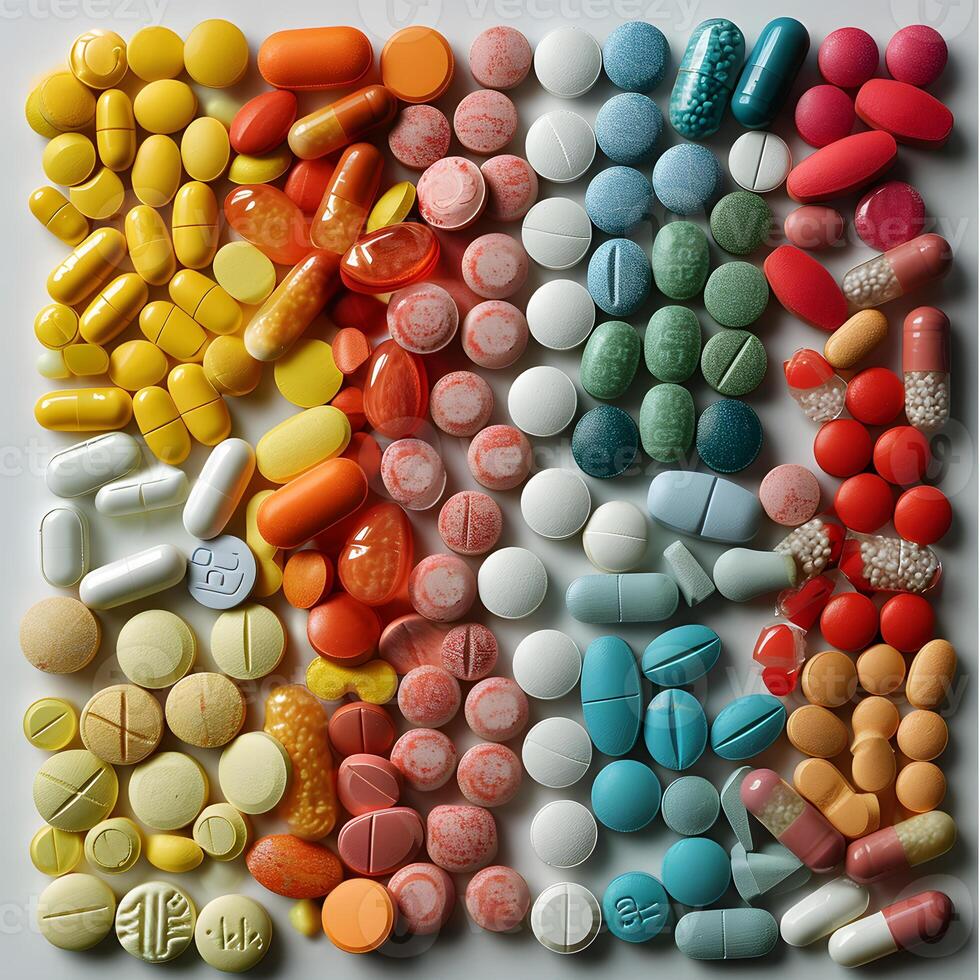 arrangement of colorful pills and tablets, top view photo