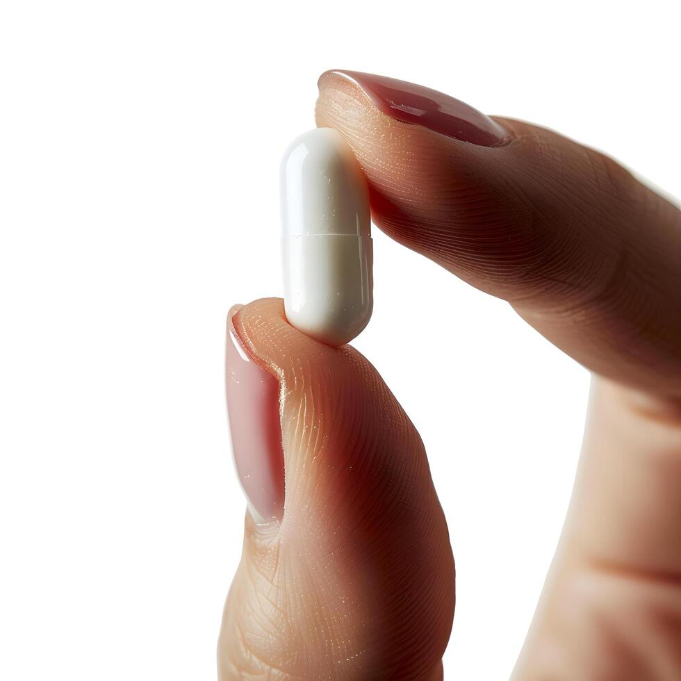 macro photo of finger holding white capsule