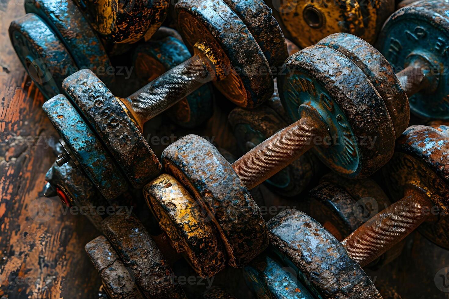 pile of old rusty iron dumbbells photo