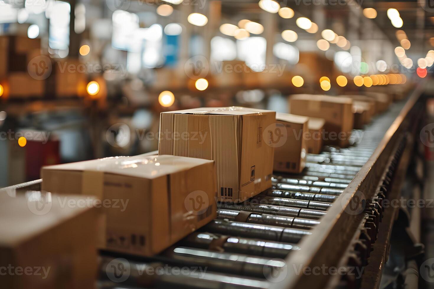 Package boxes on a conveyor inside a cargo sorting warehouse photo