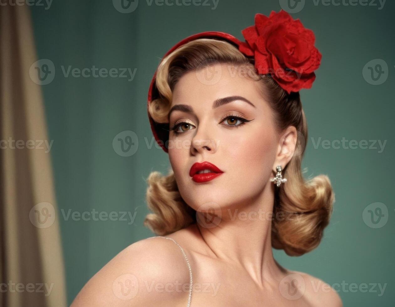 Retro girl with a red bow. photo