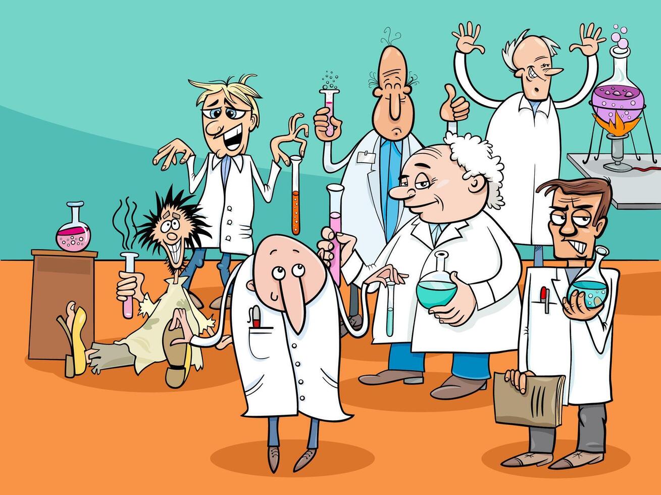 cartoon scientists or inventors characters group in the lab vector