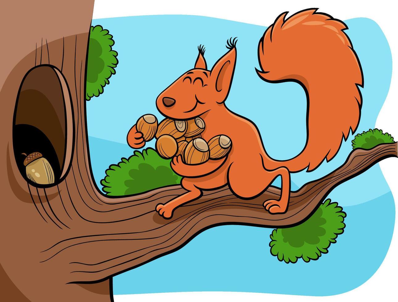 cartoon squirrel carrying acotns to the hollow vector