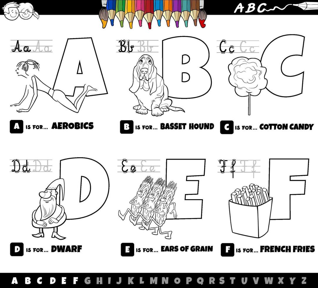 educational cartoon alphabet letters set from A to F color page vector