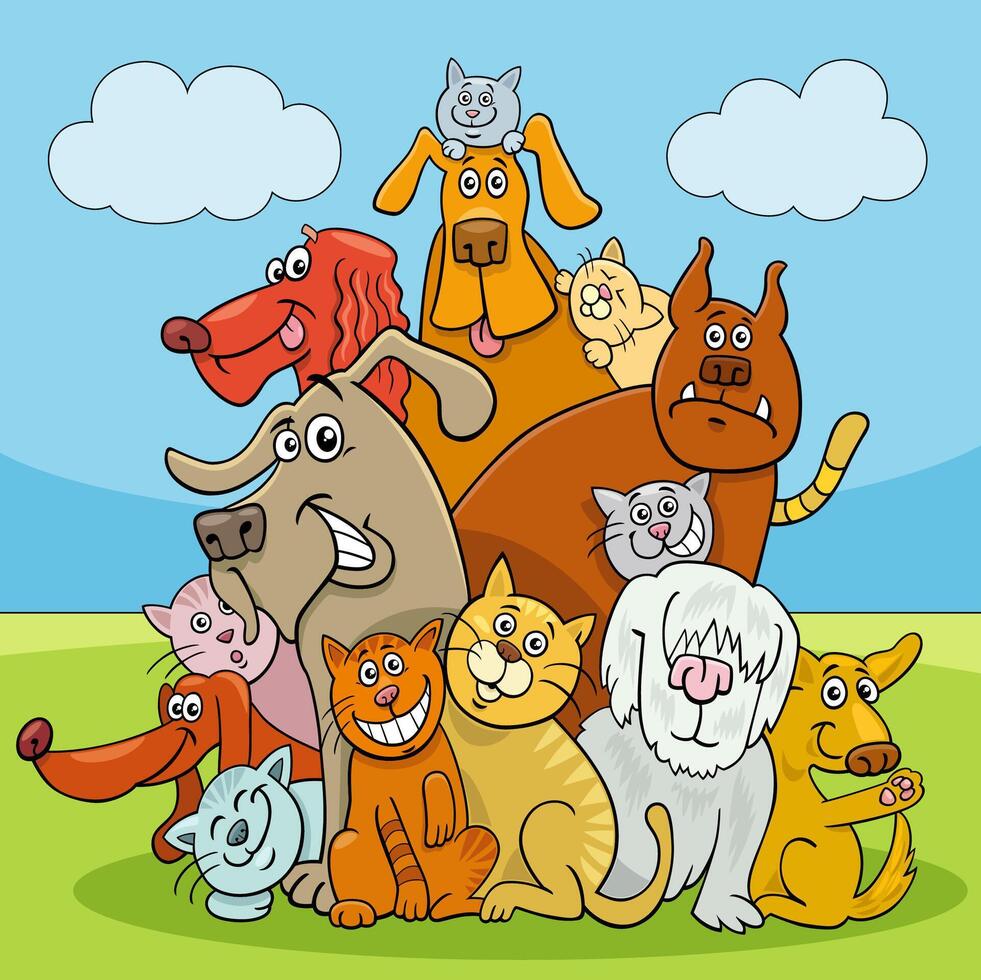 funny cartoon dogs and cats characters group vector