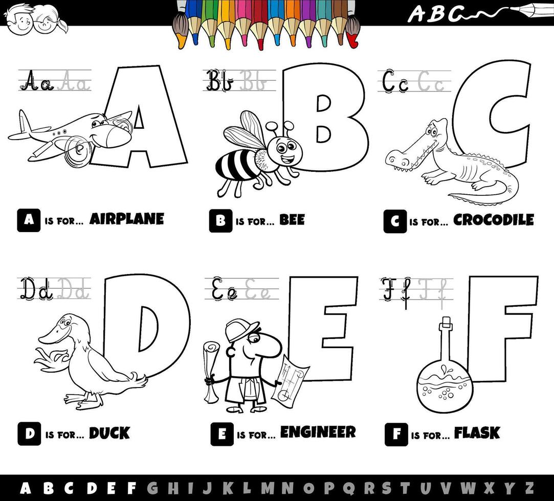 educational cartoon alphabet letters set from A to F color page vector