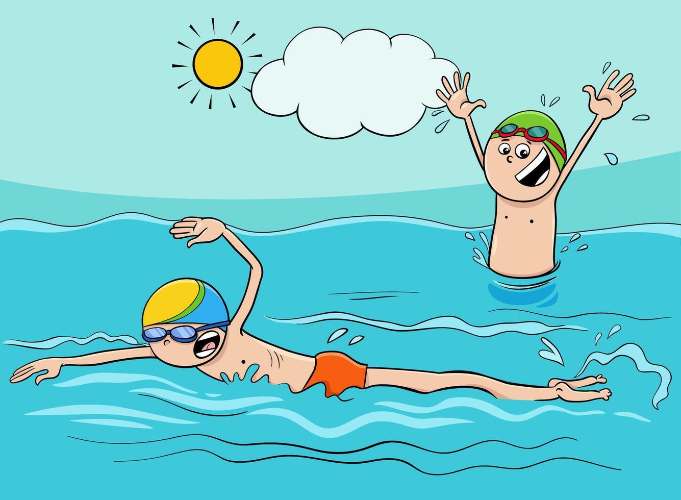 cartoon boys characters swimming in the water vector