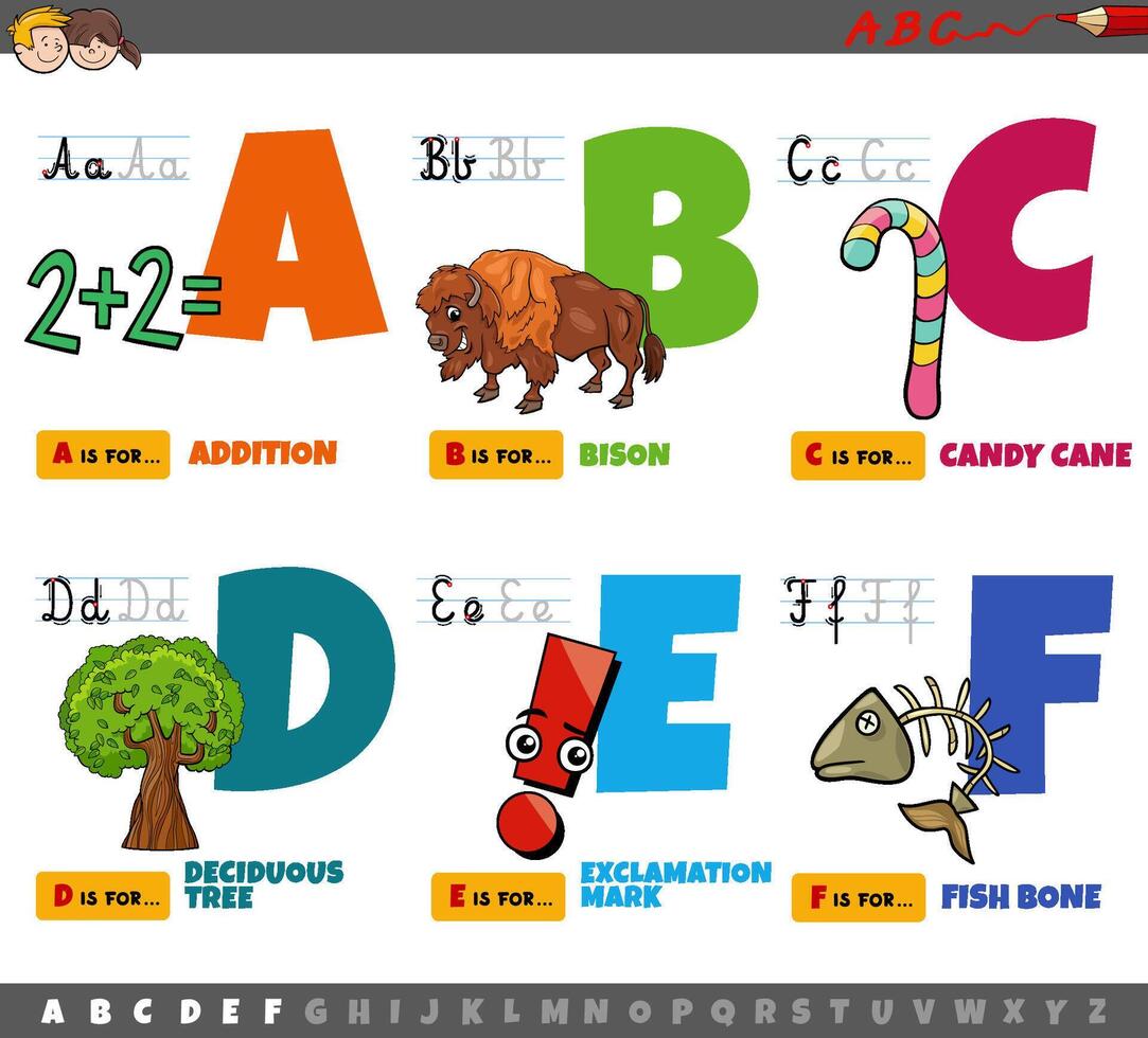 educational cartoon alphabet letters for children from A to F vector