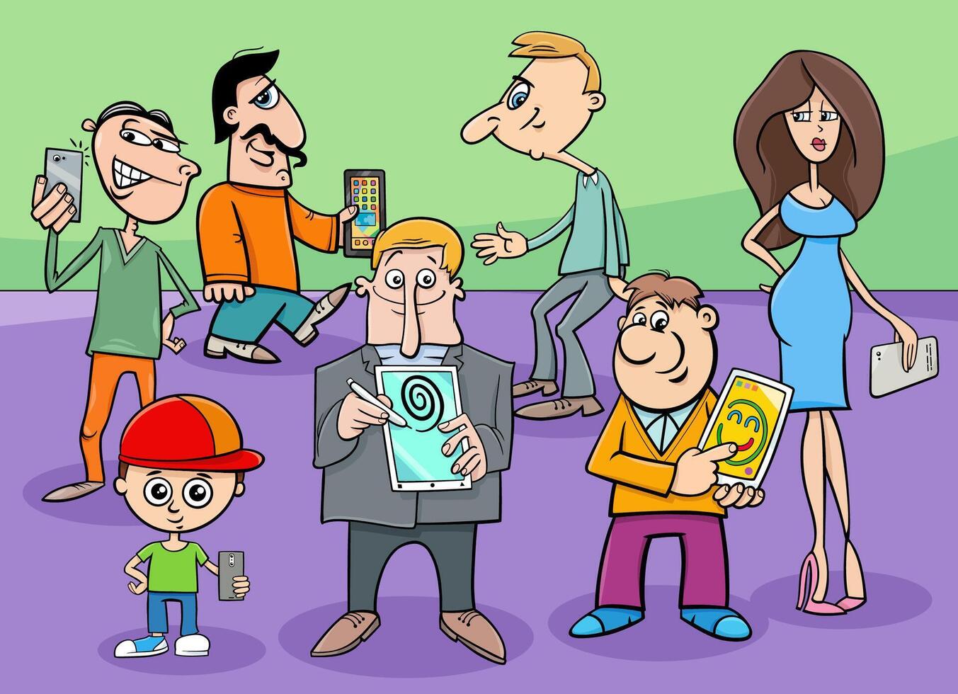 cartoon people with smart phones or electronic devices vector