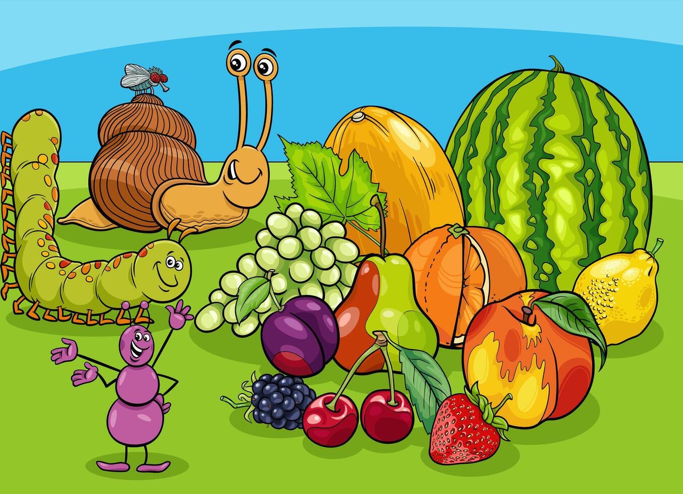 cartoon insects characters and snail with fresh fruit vector