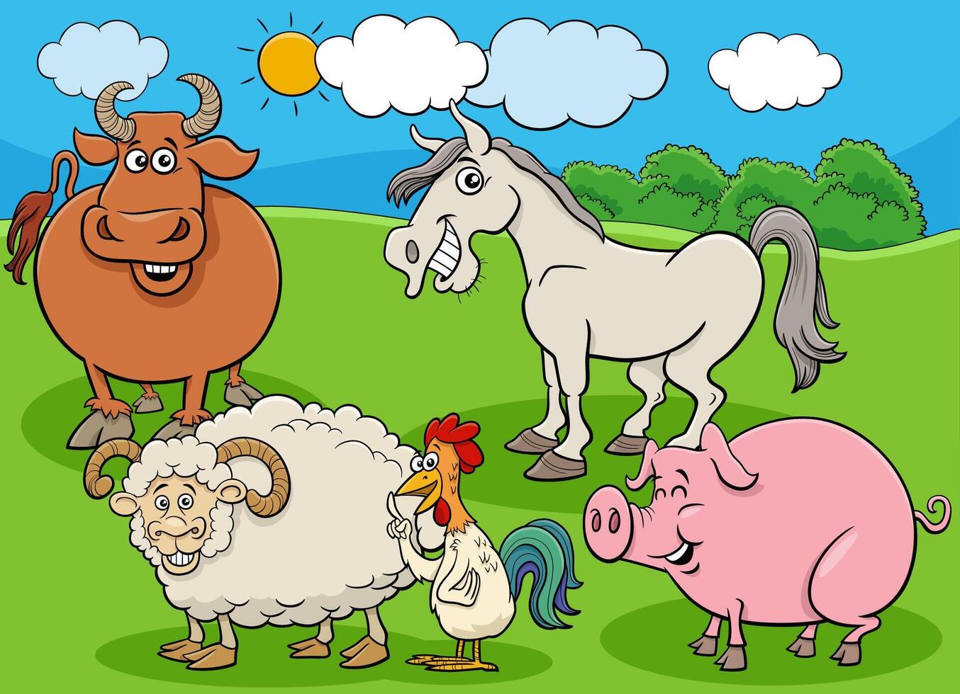 cartoon farm animals characters group in the meadow vector