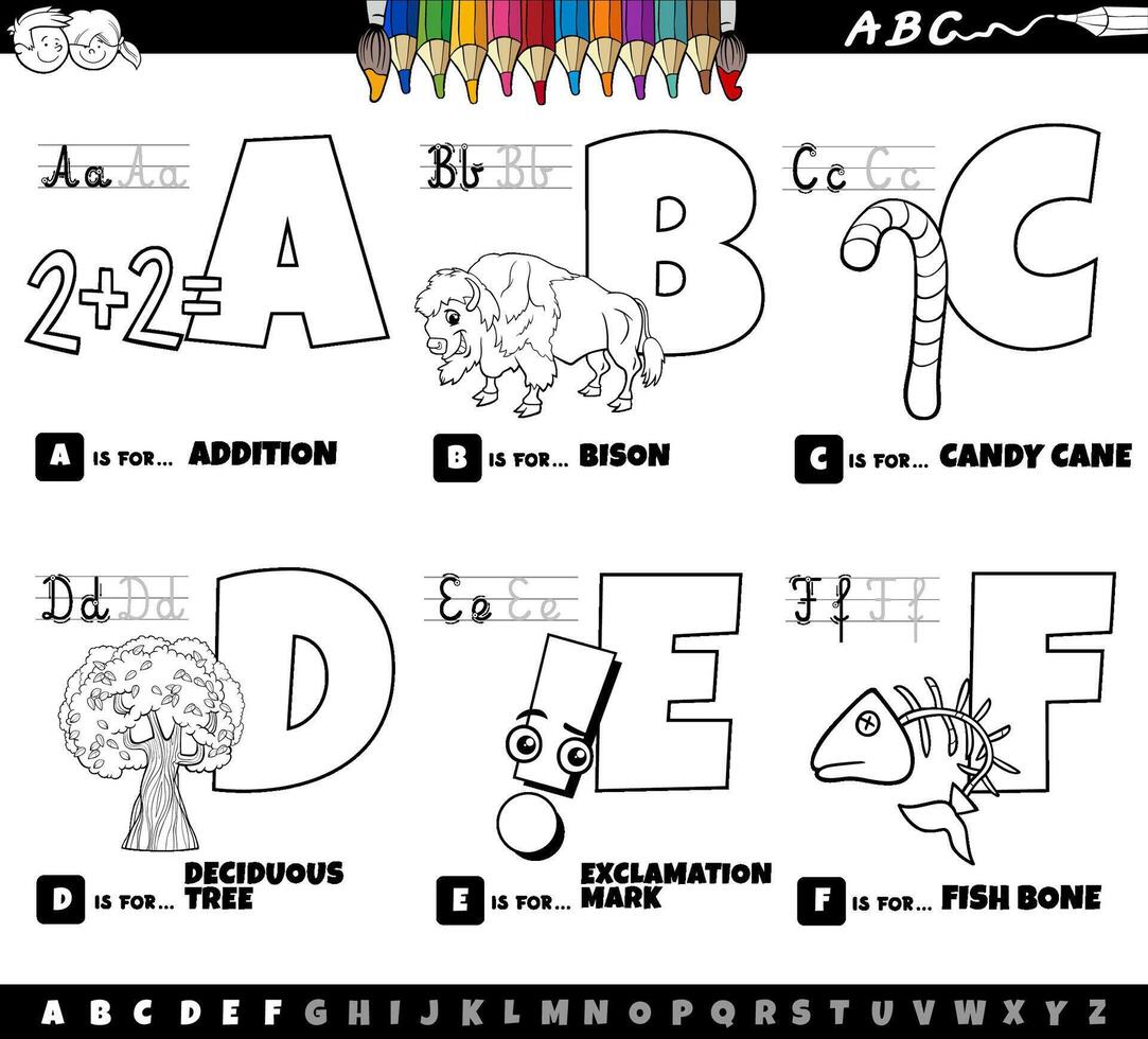 educational cartoon alphabet letters set from A to F color page vector