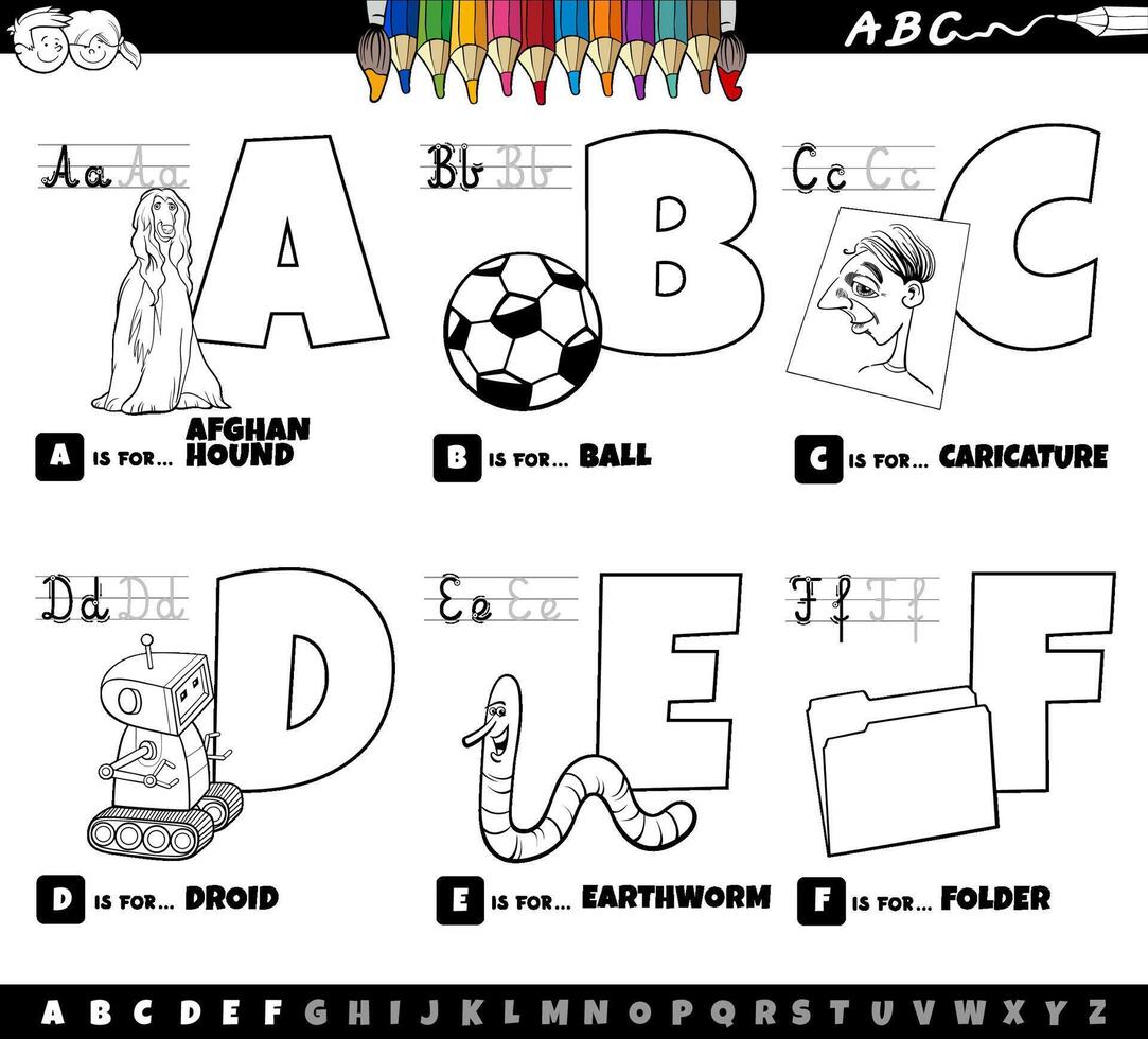 educational cartoon alphabet letters set from A to F color page vector