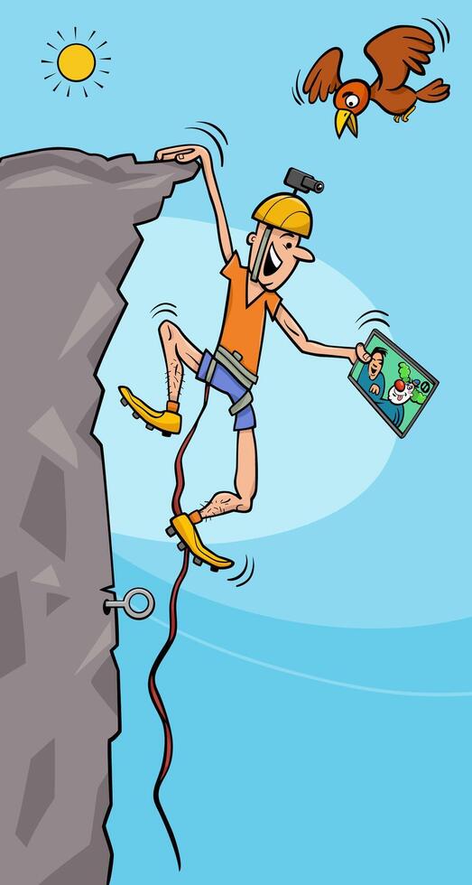 cartoon climber watching a broadcast on a tablet pc vector