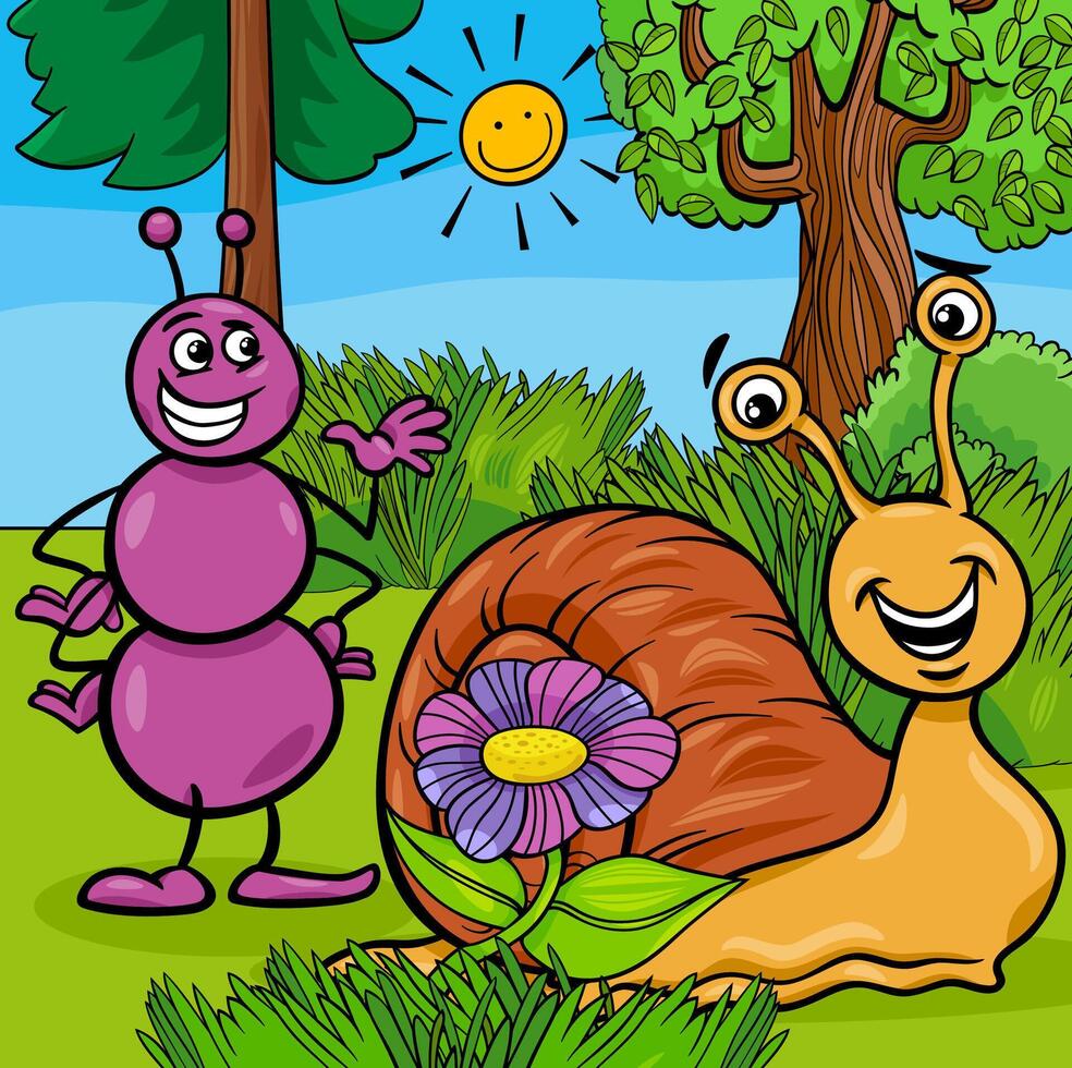 cartoon ant and snail funny animal characters vector