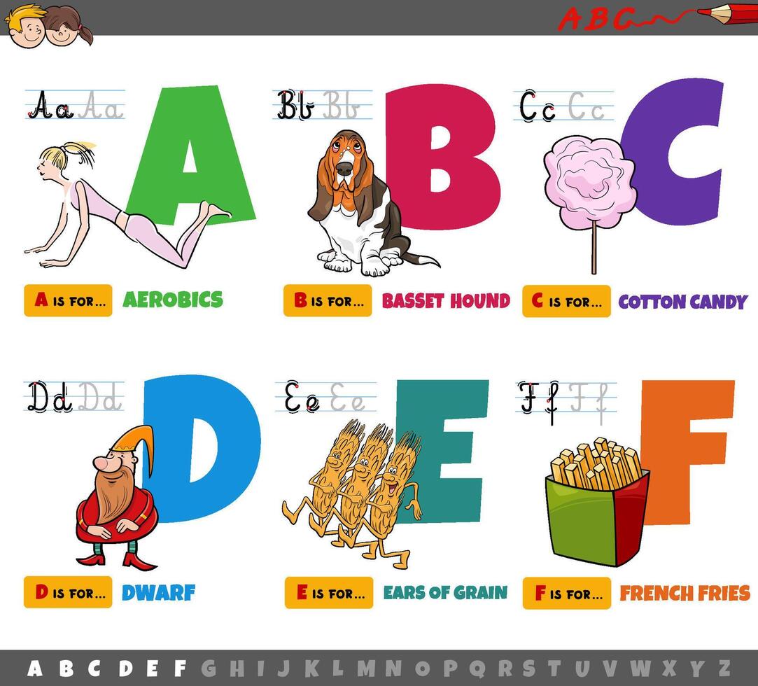 educational cartoon alphabet letters for children from A to F vector