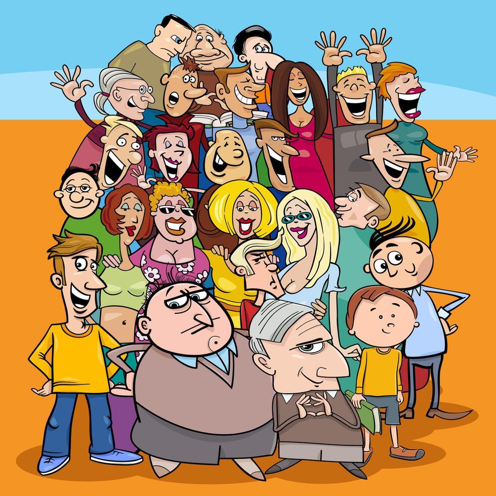 many funny cartoon people characters in the crowd vector