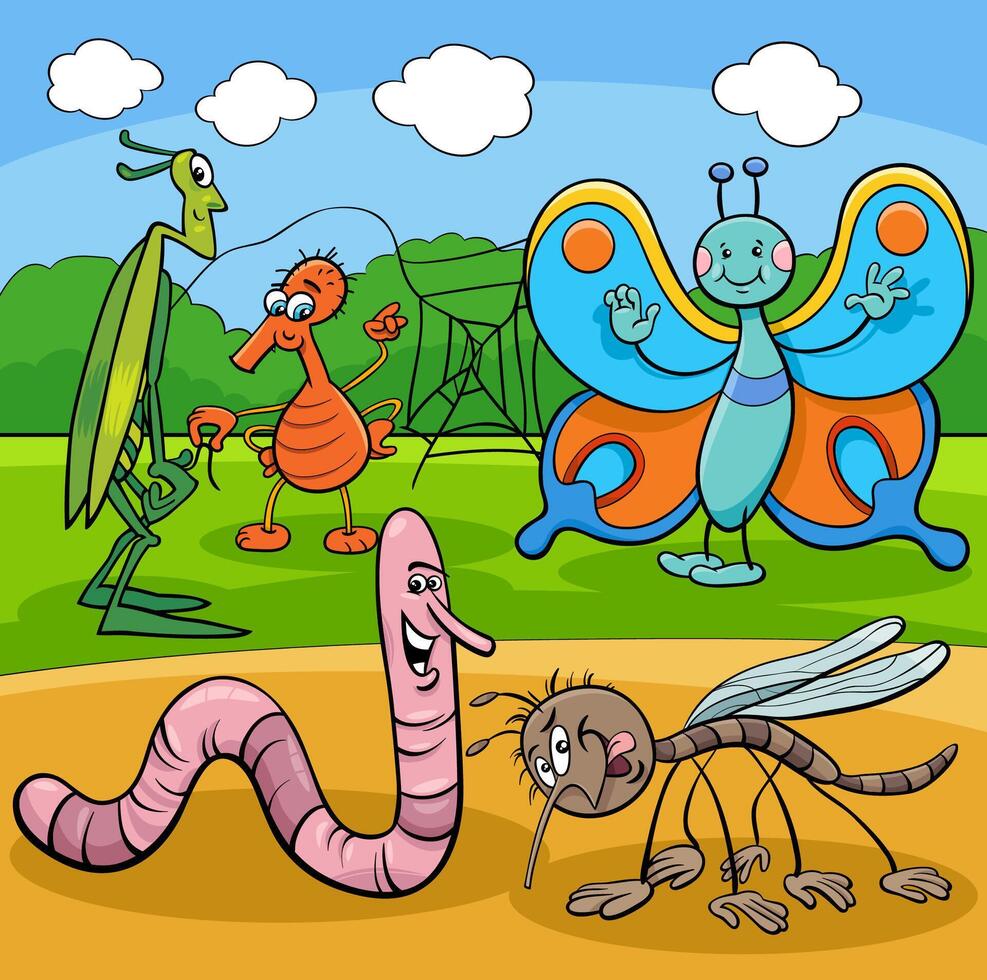 funny cartoon insects animal characters group vector