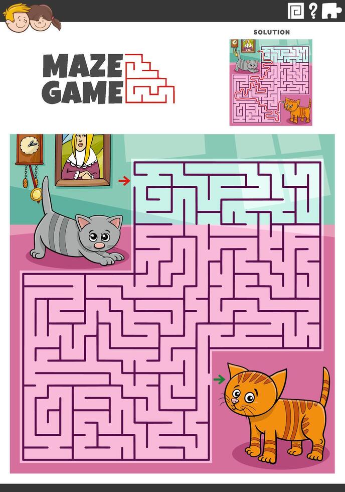 maze activity with cute cartoon kittens characters vector