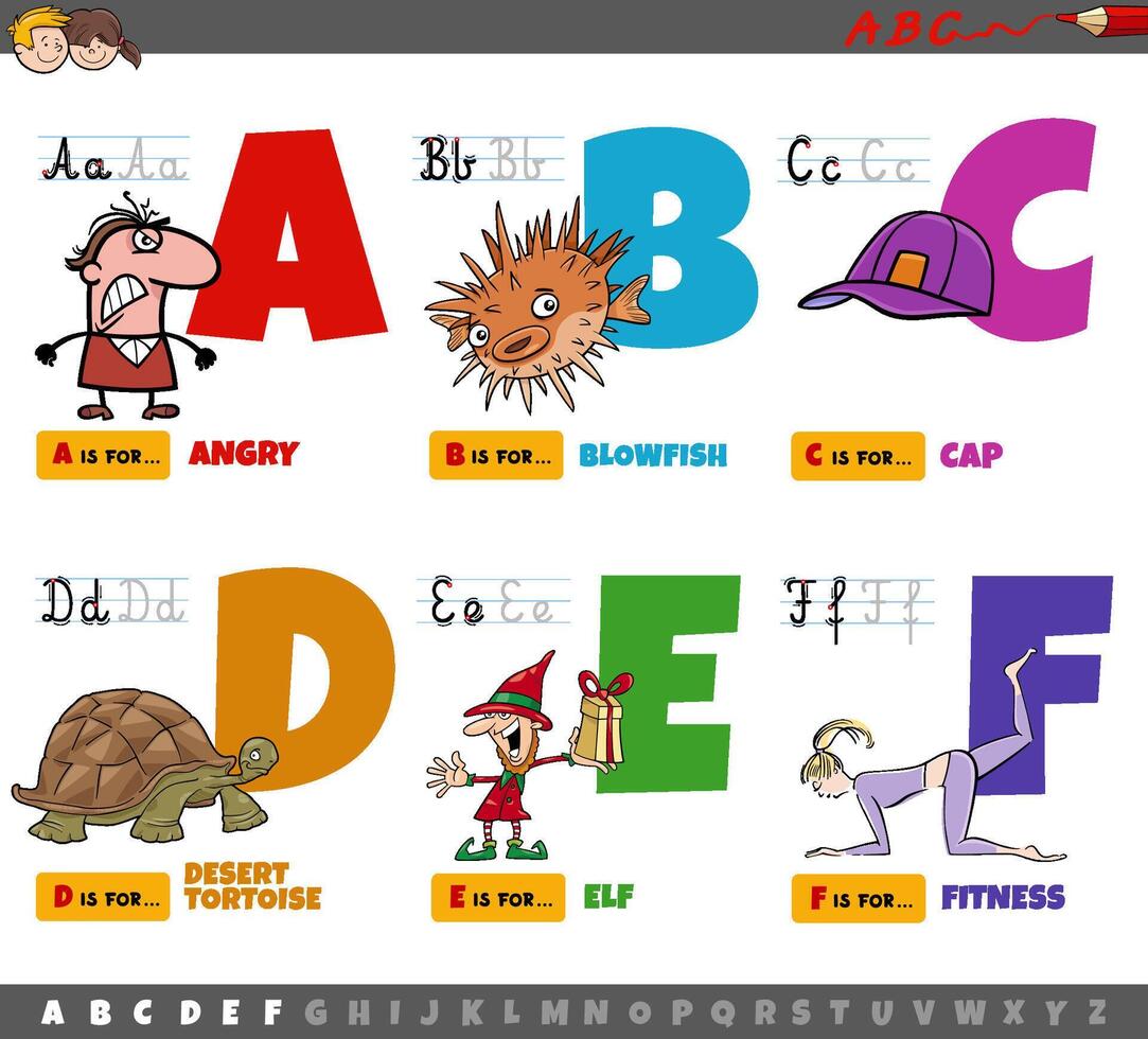 educational cartoon alphabet letters for children from A to F vector