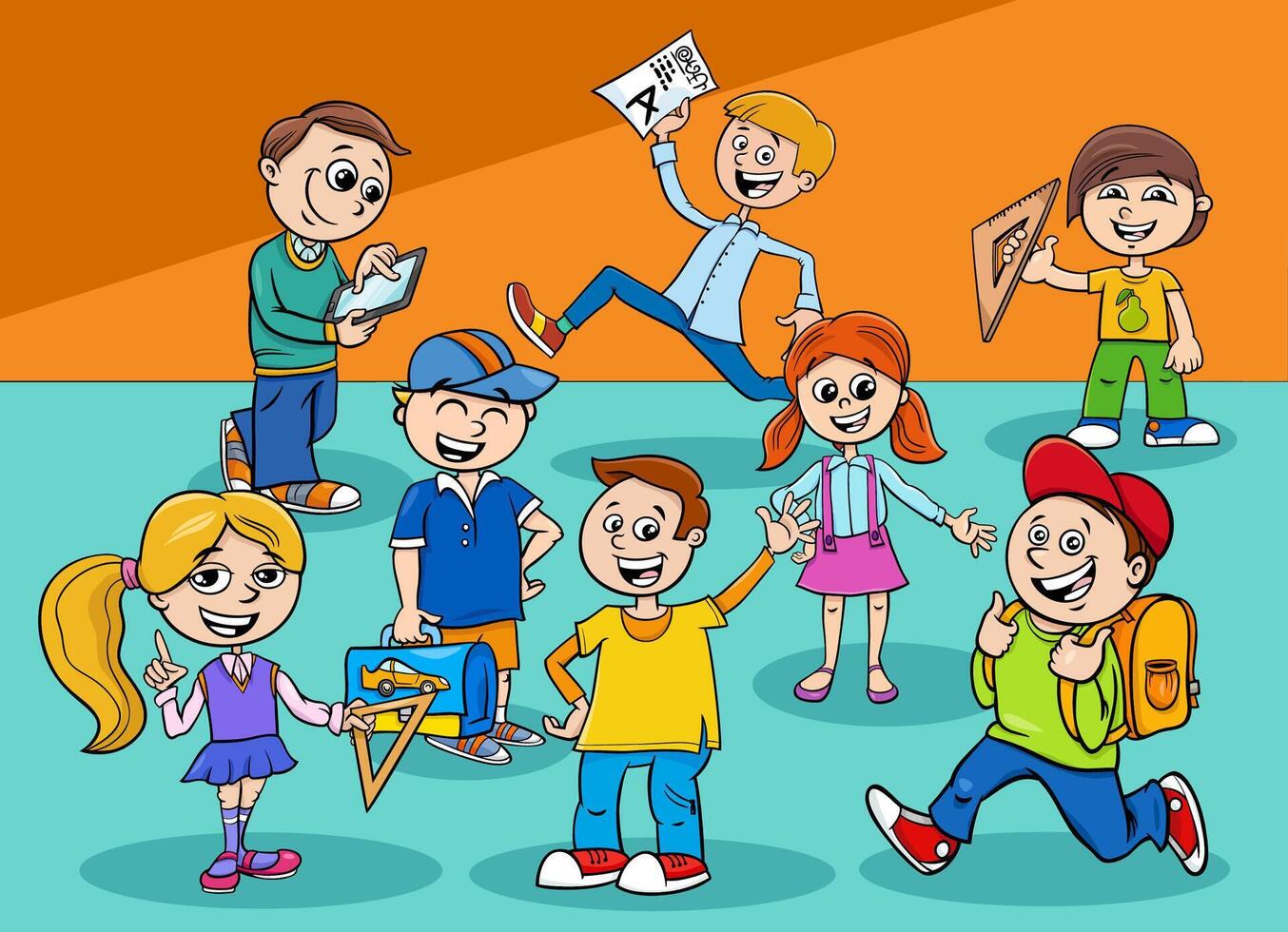 cartoon elementary school children characters group vector