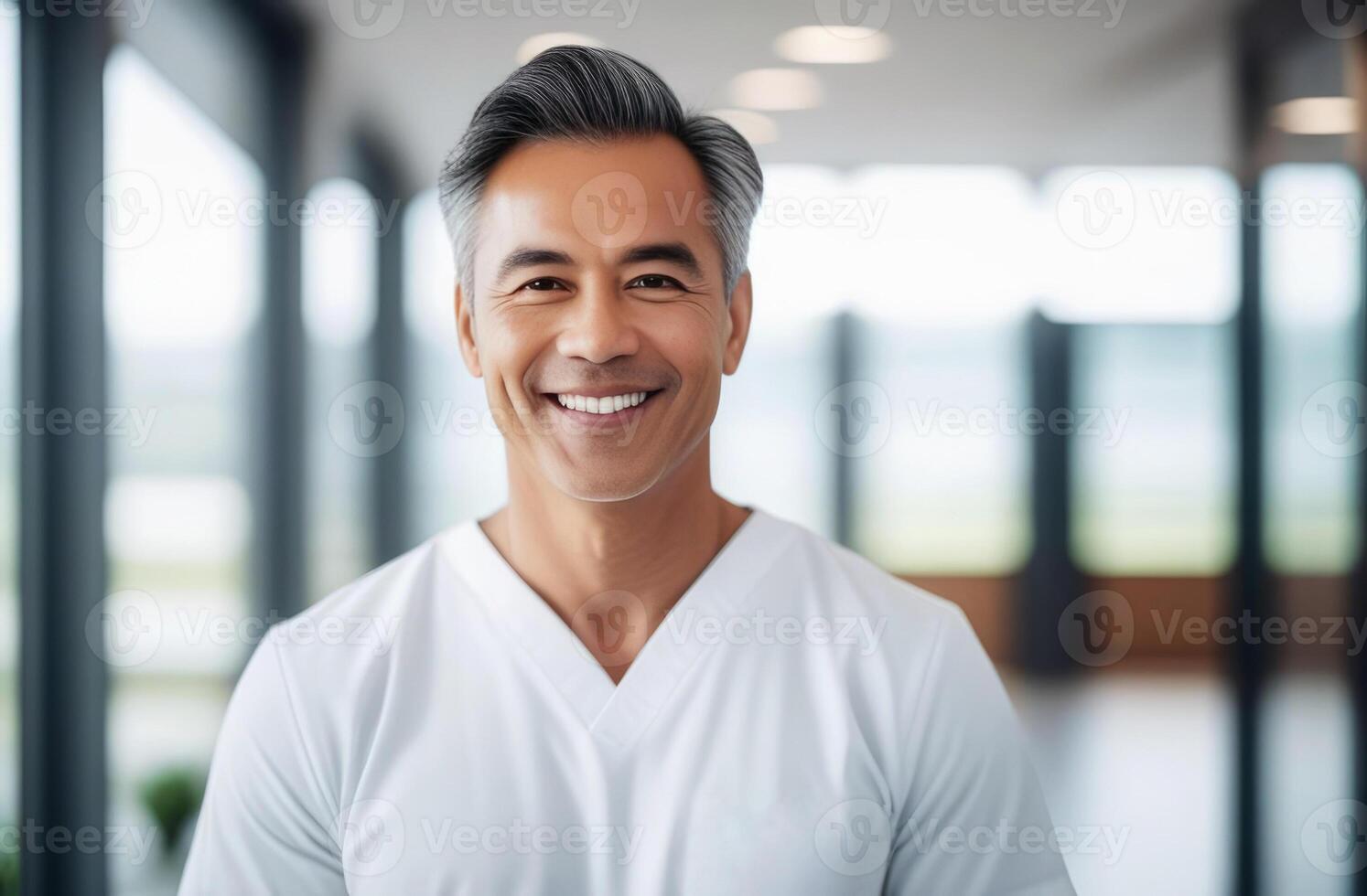Middle aged doctor in scrubs smiling looking in camera, Portrait of man medic professional, hospital physician, confident practitioner or surgeon at work. large windows blurred background photo