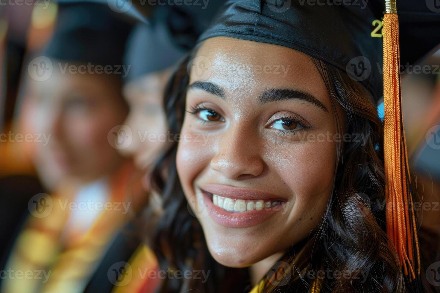 Close-up shot of graduate wearing mortarboard on her head, reveal radiant girls face, her smile beaming with pride and happiness as young lady savor moment of her achievements photo