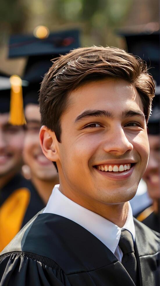 Close-up shot of graduate, reveal radiant young man face, his smile beaming with pride and happiness as man savor moment of his achievements photo