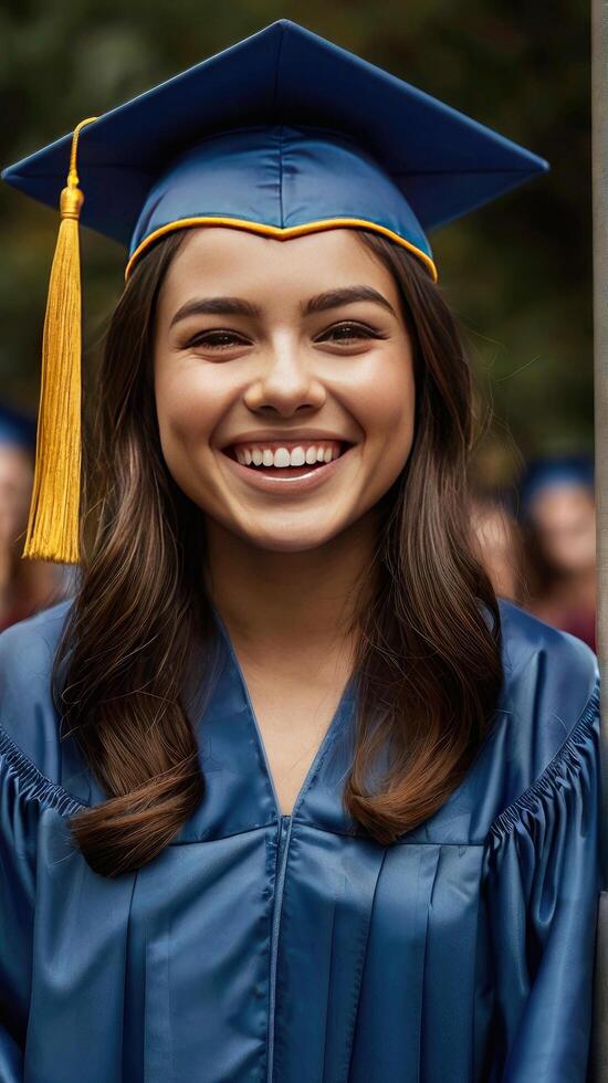 Close-up shot of graduate wearing mortarboard on her head, reveal radiant girls face, her smile beaming with pride and happiness as young lady savor moment of her achievements photo